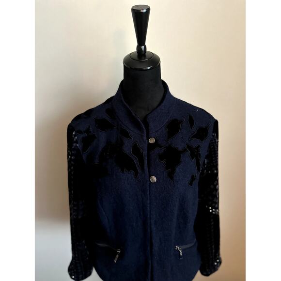 CHICOS Black Label Women's Cut Wool Blend Studded Navy & Black Blazer Size 12 - Picture 2 of 9